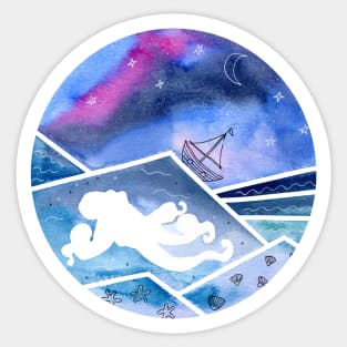 Abstract Seascape with Octopus and Sailing Ship. Sticker